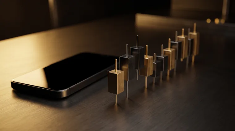 A smartphone on a dark brushed-steel desk beside machined metal blocks of different heights arranged like price candles, lit by one warm light