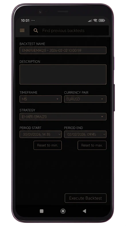 The backtest configuration screen in Forex Strategy Studio, with the strategy, the currency pair, the timeframe and the start and end of the test period